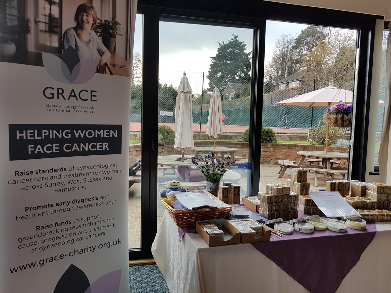 Table of GRACE products at Dorking Tennis Club Winter Tournament, Surrey