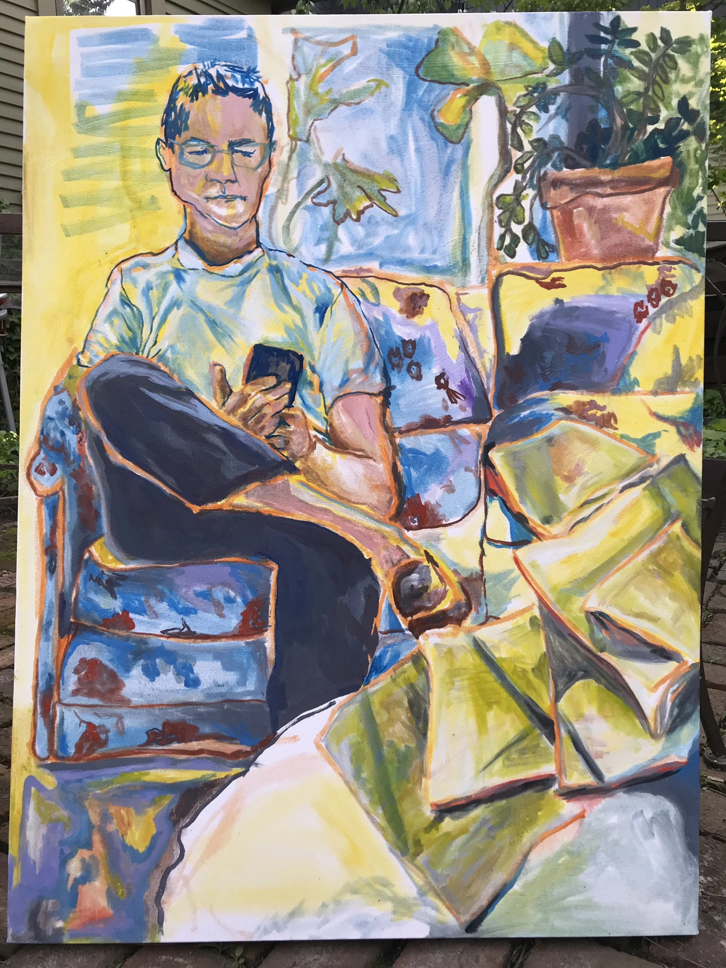 Good Morning Mr. Bedhead, WSJ’s #1 Reader, Dog Feeder, Sunlight Seeker 26 x 35 in oil on canvas