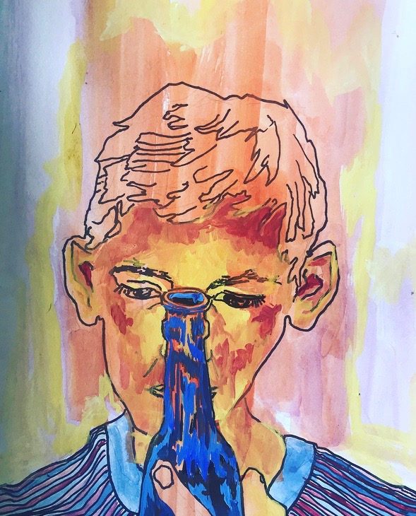 Grant with his Nose Down a Bottle 9 x 12 in Gauche and pen