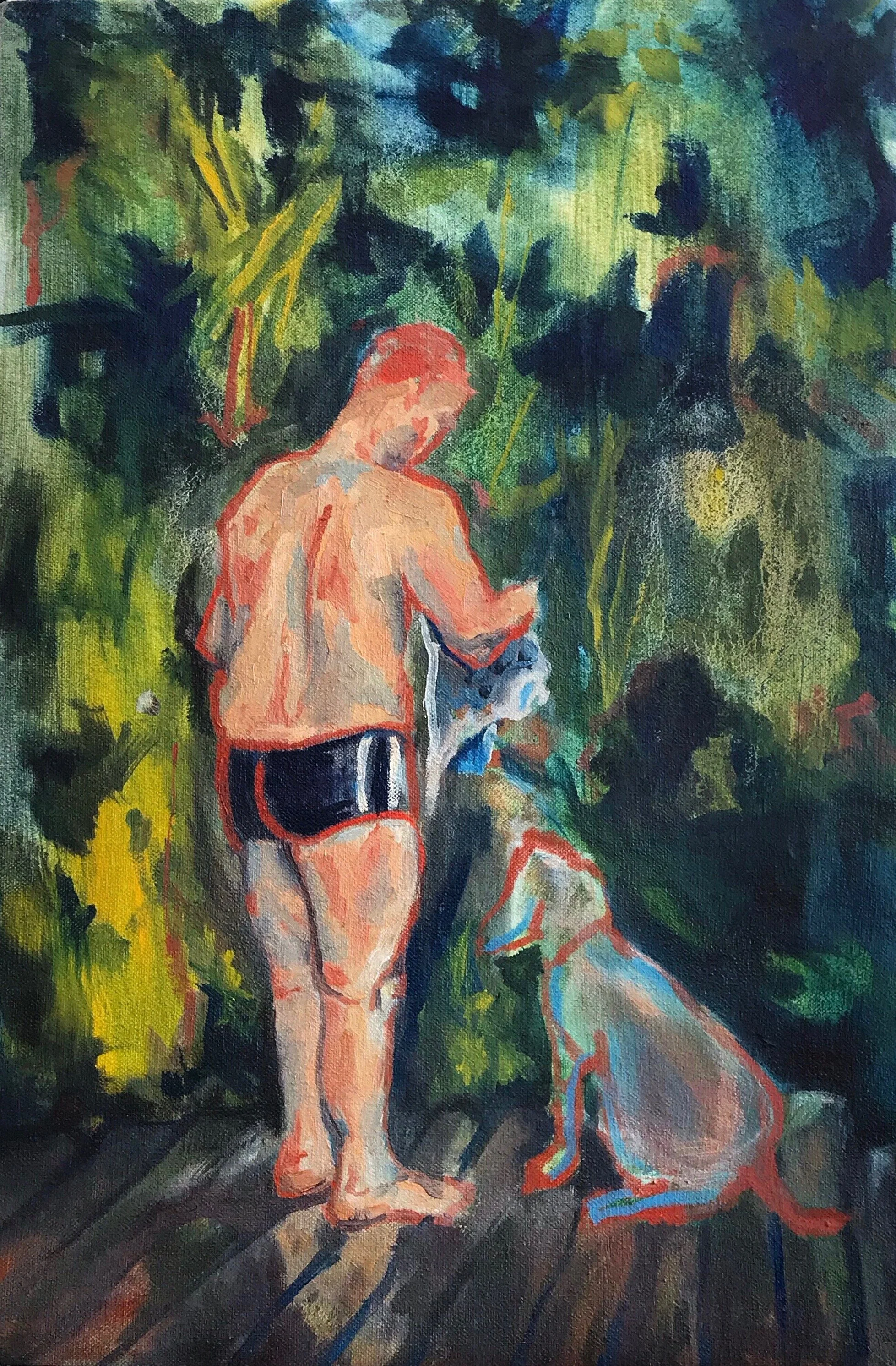Slovenian Man and Dog 10 x 17 in oil on canvas