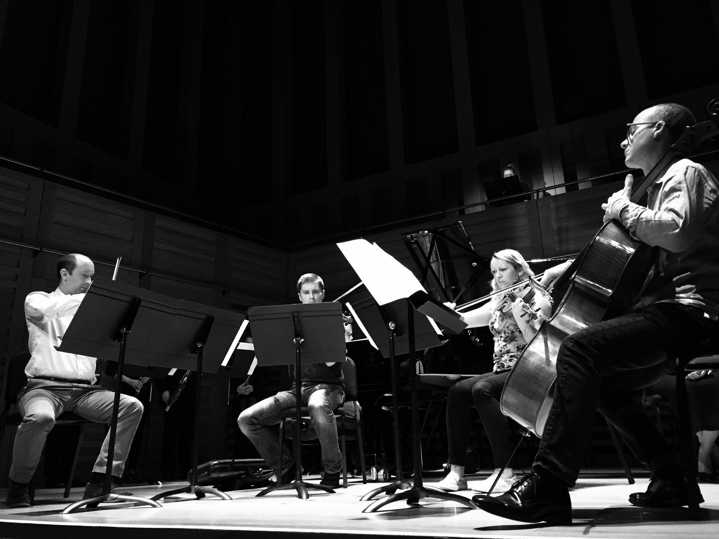 Mary Dullea , Tippett Quartet and musicians of Royal Holloway University of London rehearsing two national anthems: it's not working at Kings Place, London (UK); 7 June 2017