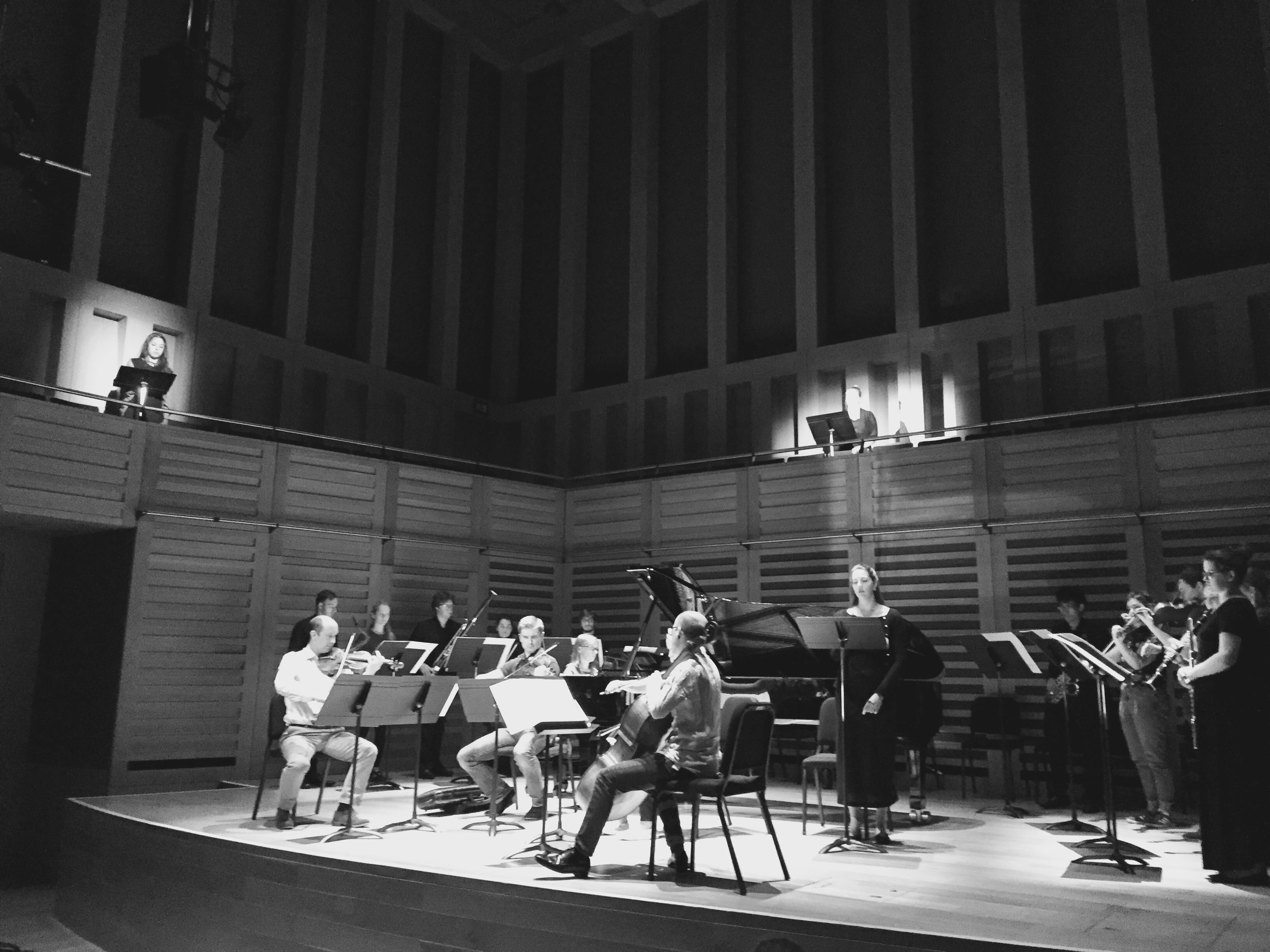 Mary Dullea , Tippett Quartet and musicians of Royal Holloway University of London rehearsing two national anthems: it's not working at Kings Place, London (UK); 7 June 2017