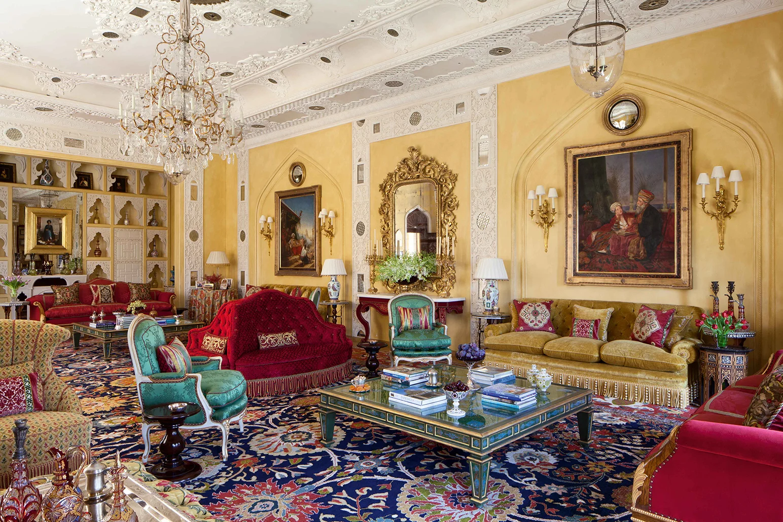 Having produced perfectly symmetrical architecture and plasterwok for this grandiose drawing room, I then appointed it wiht a perfect kind of Aldiad 'off' symmetry in the layout of the furniture.