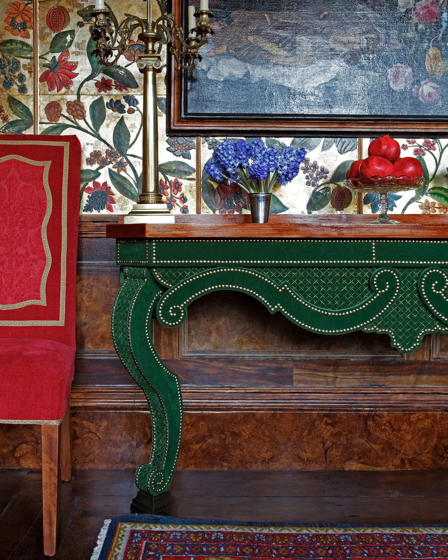 A detail of the hand painted Augustus Console Table from my own Alidad Velvet Furniture Collection, against the back drop of the leather walls add to the textures of the room. 