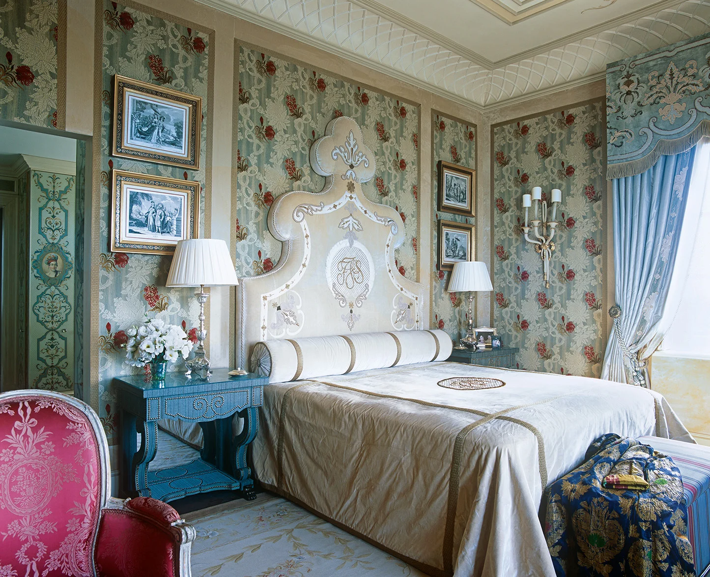 A distinctly feminine concept was put into play for a master bedroom in order to use this floral fabric on the walls. The client fell in love with it, and I knew it would have to be treated carefully to avoid any chance of design overkill - therefore each section of floral fabric is banded by a plain fabric and framed with an antique gold braid.