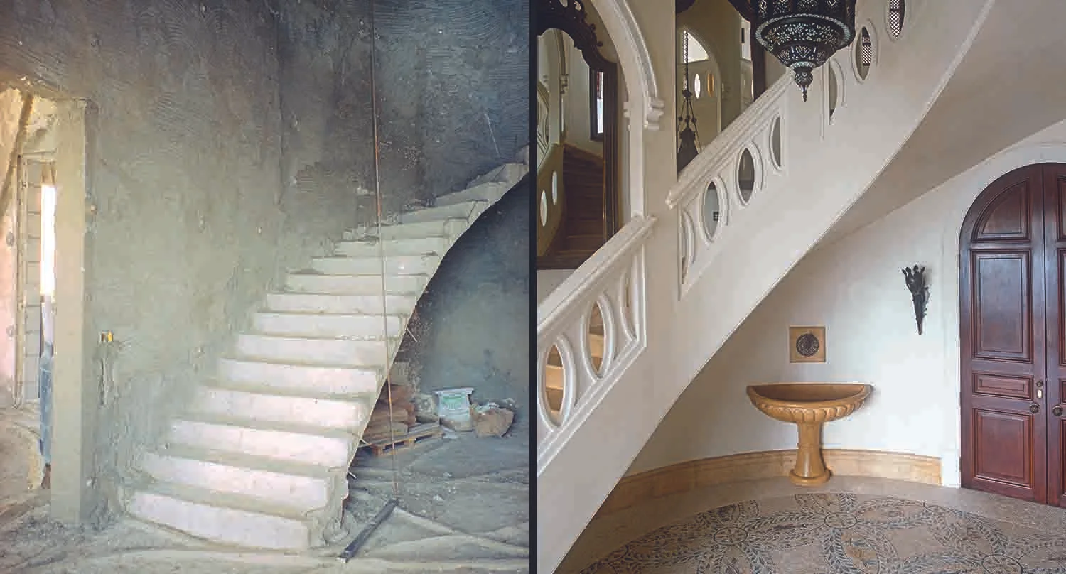 The staircase that came with the building's shell had to be replaced by new sweeping stairs that curve all the way up to the second floor in order to make the interior as a whole flow correctly. 