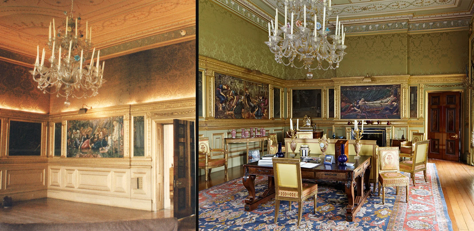 Here you can see The Saloon at Buscot Park, where the carefully restored paneling throughout the room was designed originally by the nineteenth-century artist Edward Burne-Jones to display his series of Briar Rose paintings that were bought by the first Lord Faringdon for this room.
