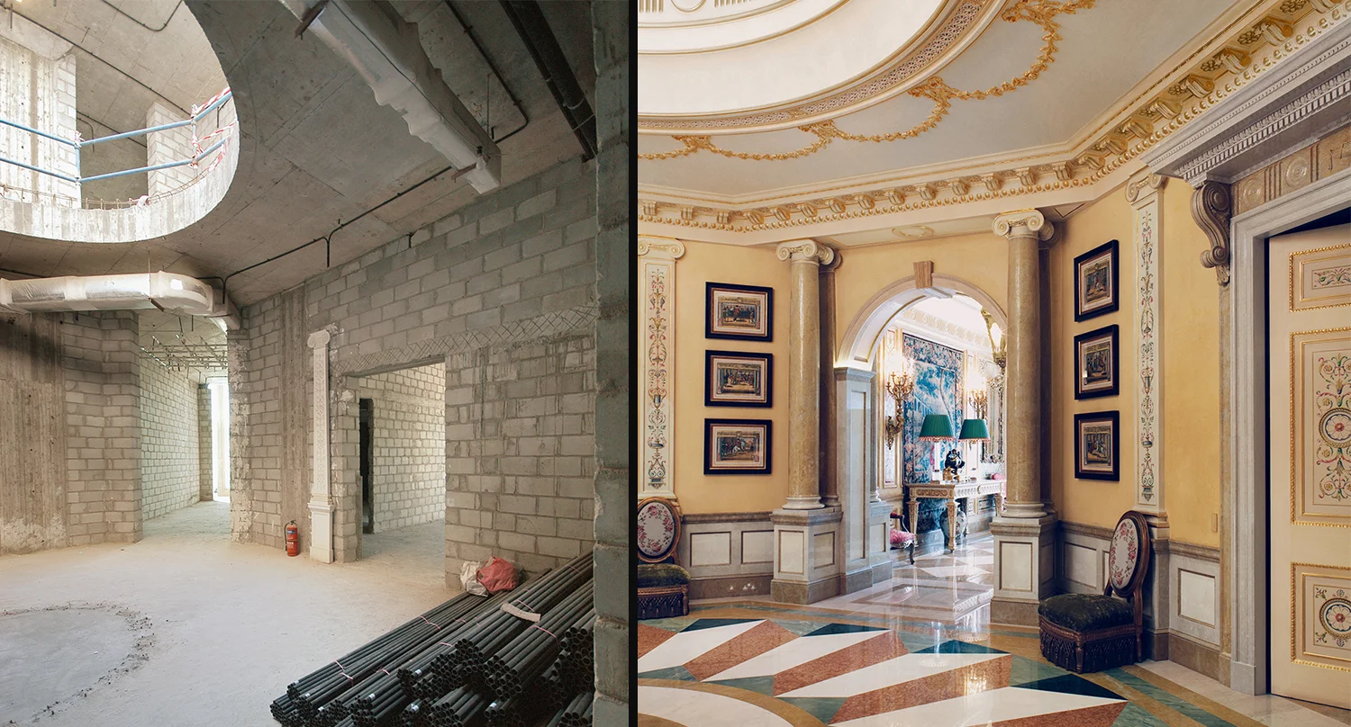 The picture on the left shows the second stage of the concrete shell where i have already altered the existing space to create the correct openings, configuration of the mezzanine and cupola to the roof. All the supporting columns had to be hidden as you can see in the finished picture on the right that shows the complete transformation of the interior space.