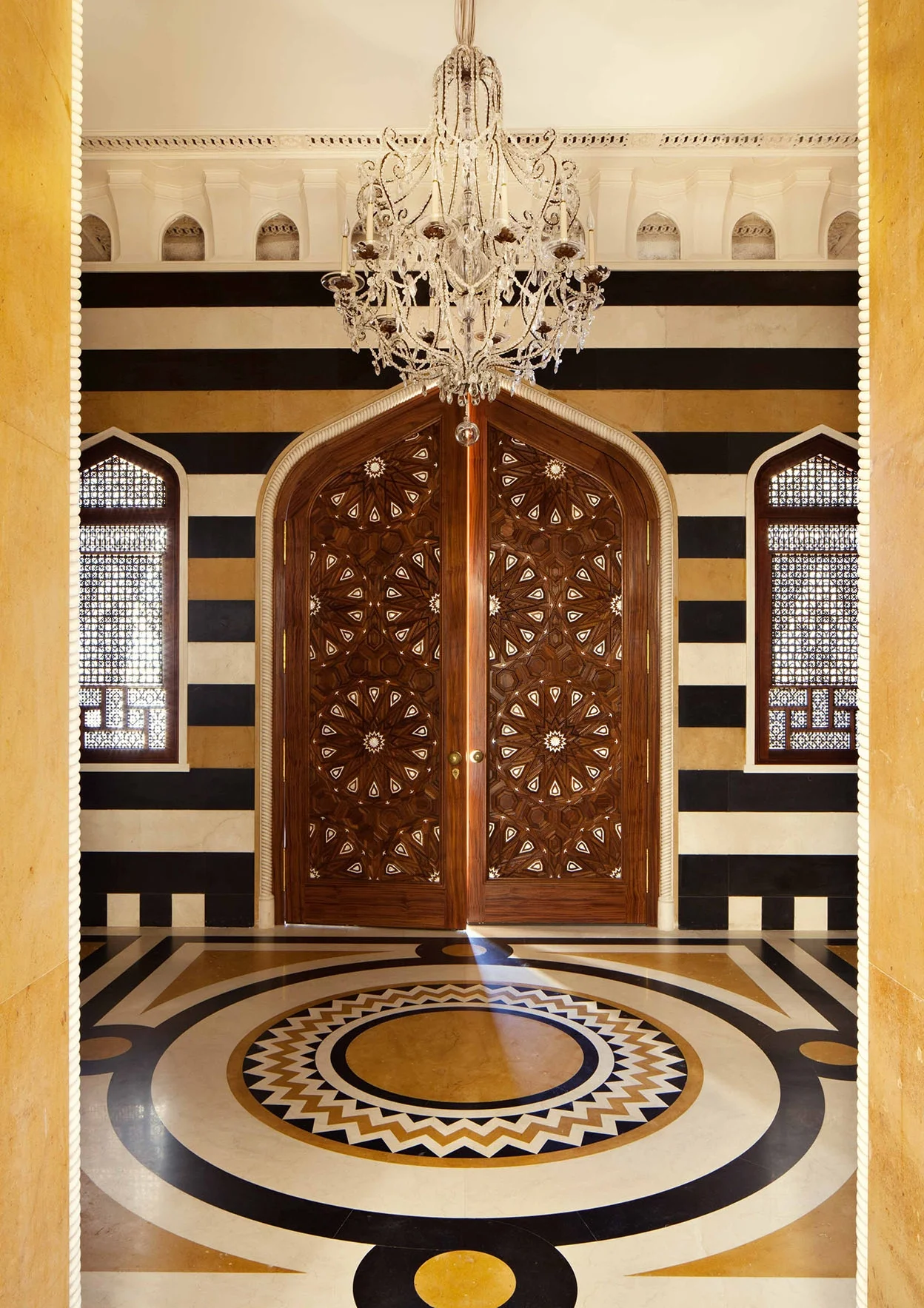 The design of the floor is fascinating in the way it works with the walls and surrounding decoration, as it gives the space its own internal flow and movement. All the marble has been antiqued to ensure it has no surface sheen, and where appropriate, there is the odd dink and bump to make the finish perfectly imperfect.