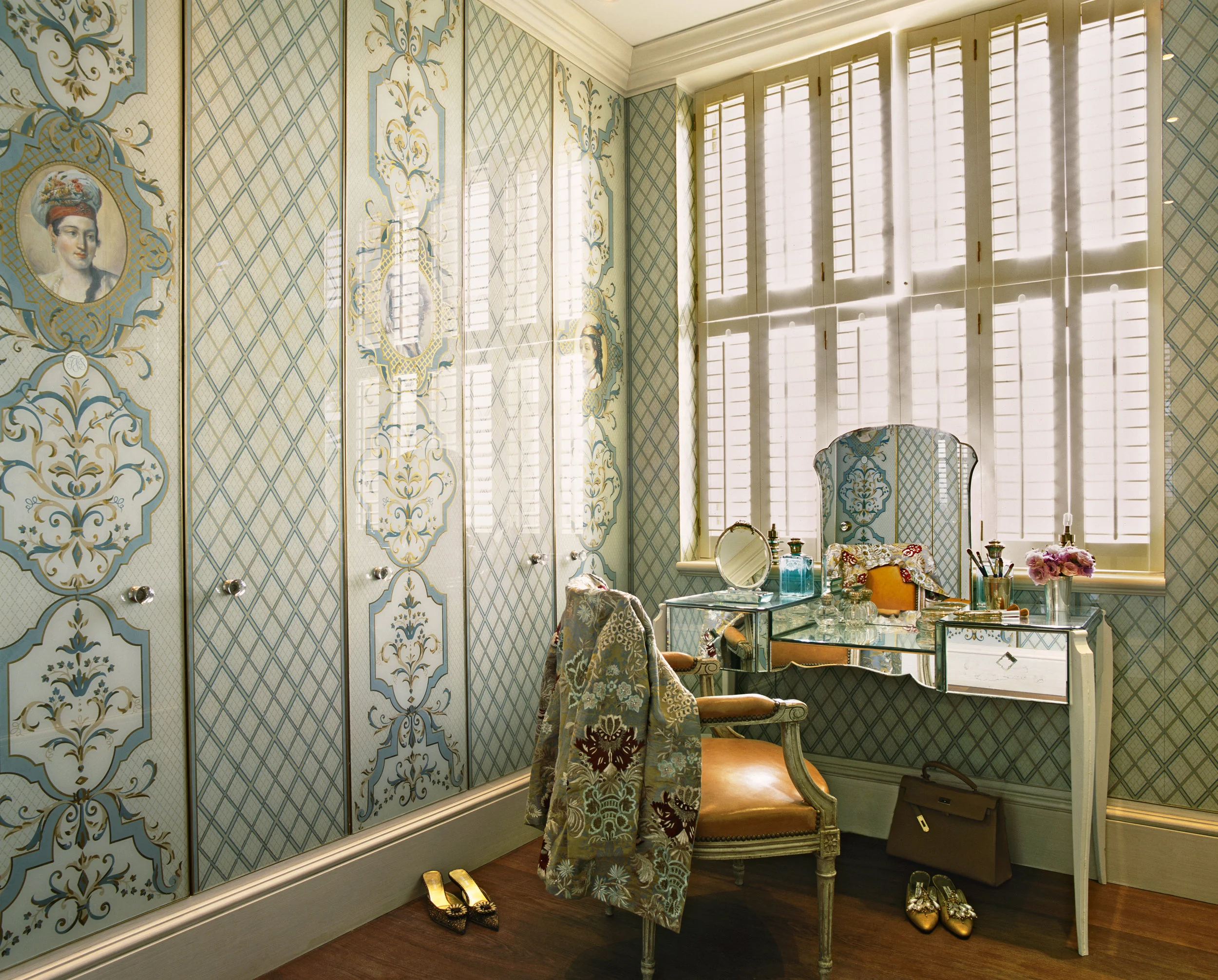 Careful use of space, practicality and creating a unique area are the essential goals in designing a dressing room. The idea of using a slightly kitsch rendition of a European lady wearing Oriental costume appealed to my client for her Beirut home.