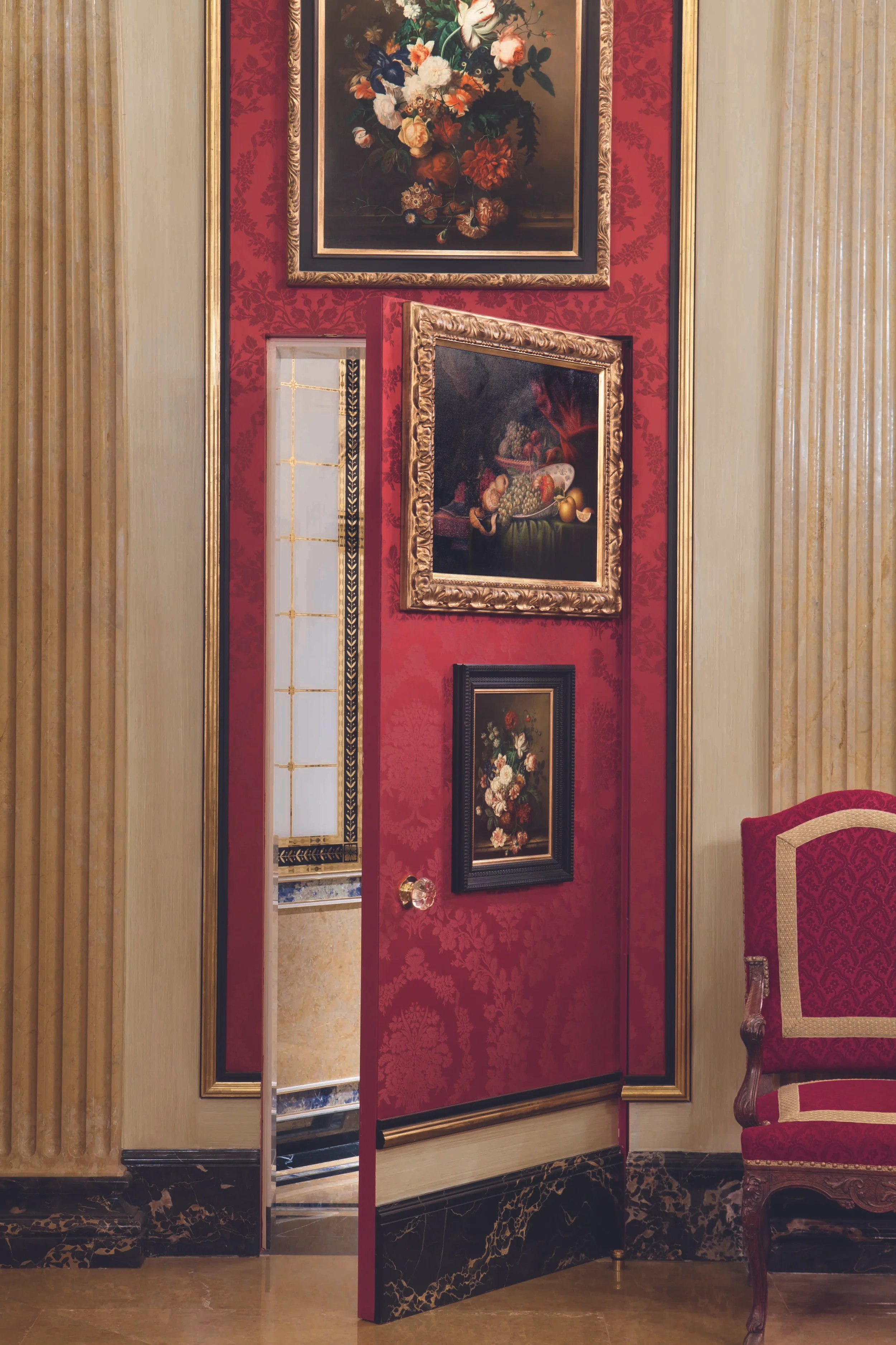 I have a real passion for hidden doorways and secret passageways - here a concealed jib door takes you from a dining room into a glass and marble cloakroom. Every detail aligns so the jib is undetectable.