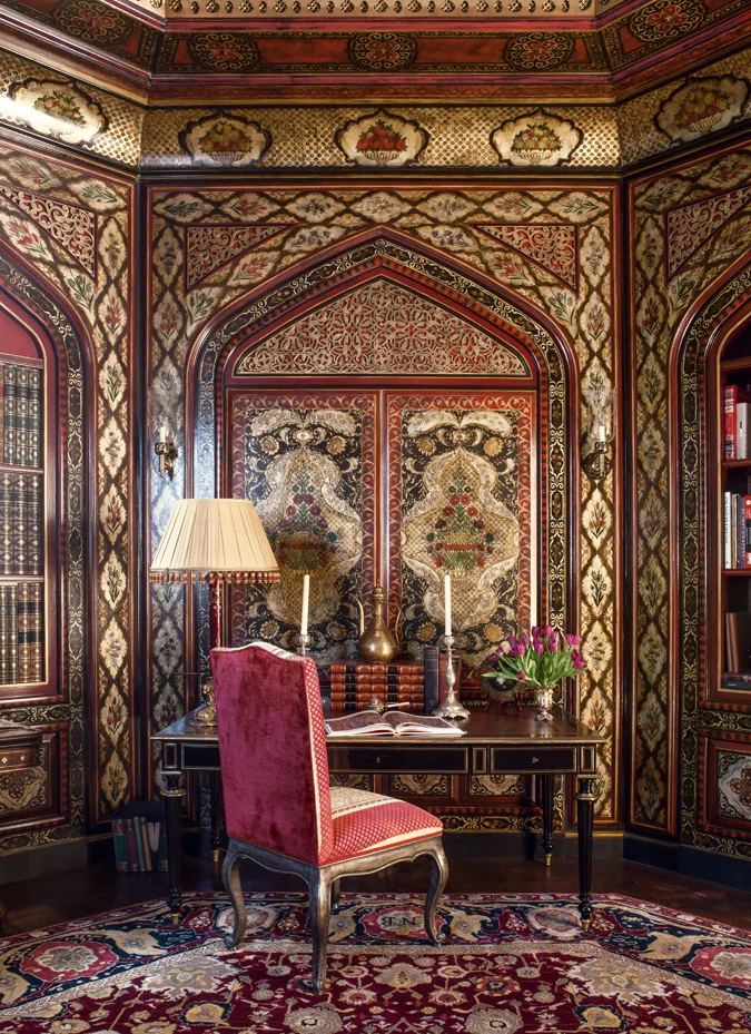 The final layers of detail have to be known to me in every way for each surface inch before I finalize a room's design, otherwise I cannot calibrate the balance between decoration and architecture. Hand printed papers create the pattern and, once on the walls, the scheme is hand finished with both painting and gilding.