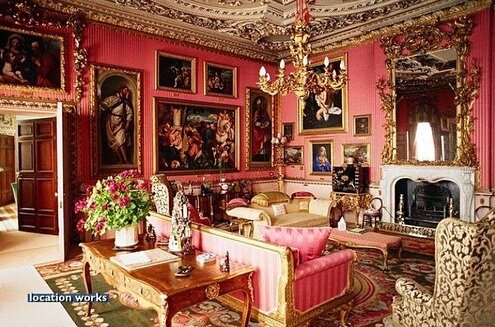 The Red Drawing Room, Burghley House. The house was built for Sir William Cecil, later 1st Baron Burghley, who was Lord High Treasurer to Queen Elizabeth I of England, between 1558 and 1587, and modelled on the privy lodgings of Richmond Palace. It w