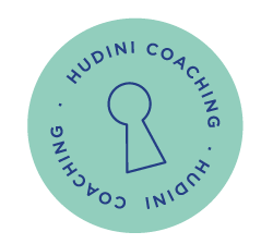 Logo with a blue keyhole symbol inside a light green circle, surrounded by the text 'HUDINI COACHING'.