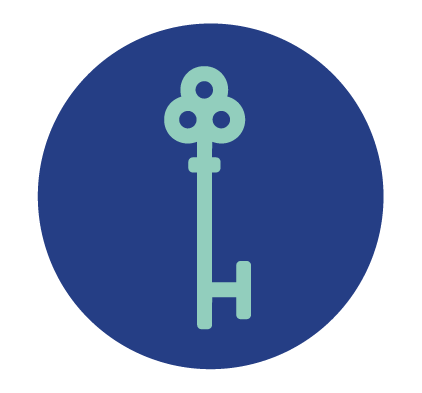 Light blue key icon inside a dark blue circle.
