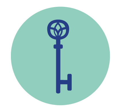 A blue key with a circular, floral-shaped top on a light green background.