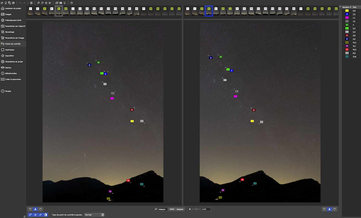 L’interface de gestion des points de contrôles de PTGui 
