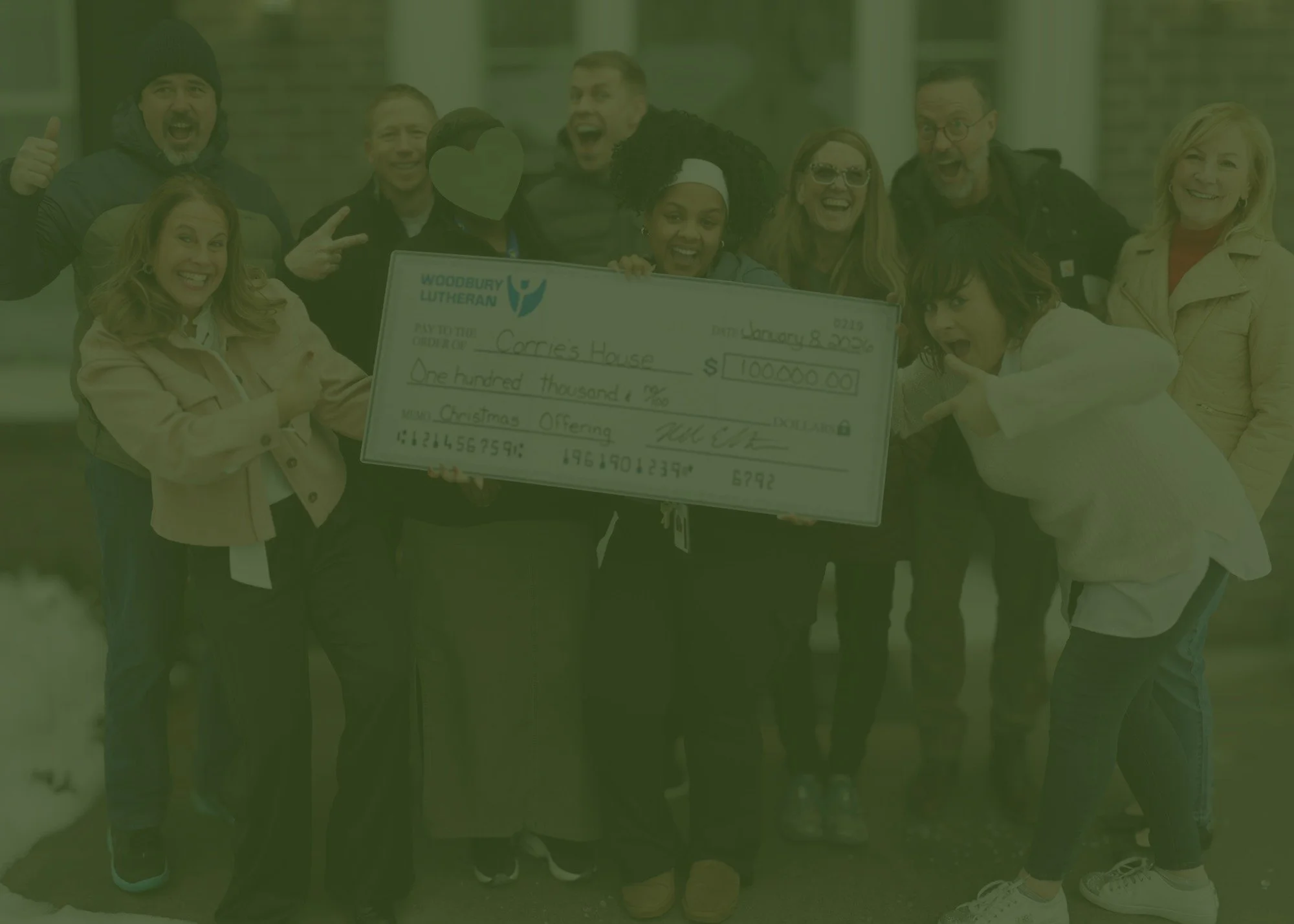 Leadership doesn&rsquo;t end when the season does.

As part of their holiday giving through the Cast the Nets Christmas Offering, Woodbury Lutheran Church donated $100,000 to support the mission of Corrie&rsquo;s House.

This extraordinary generosity