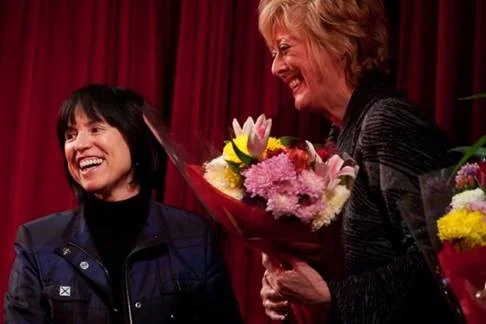 Harriet on stage with director Maria Aitken at the closing night of The 39 Steps on Broadway at the Helen Hayes Theater