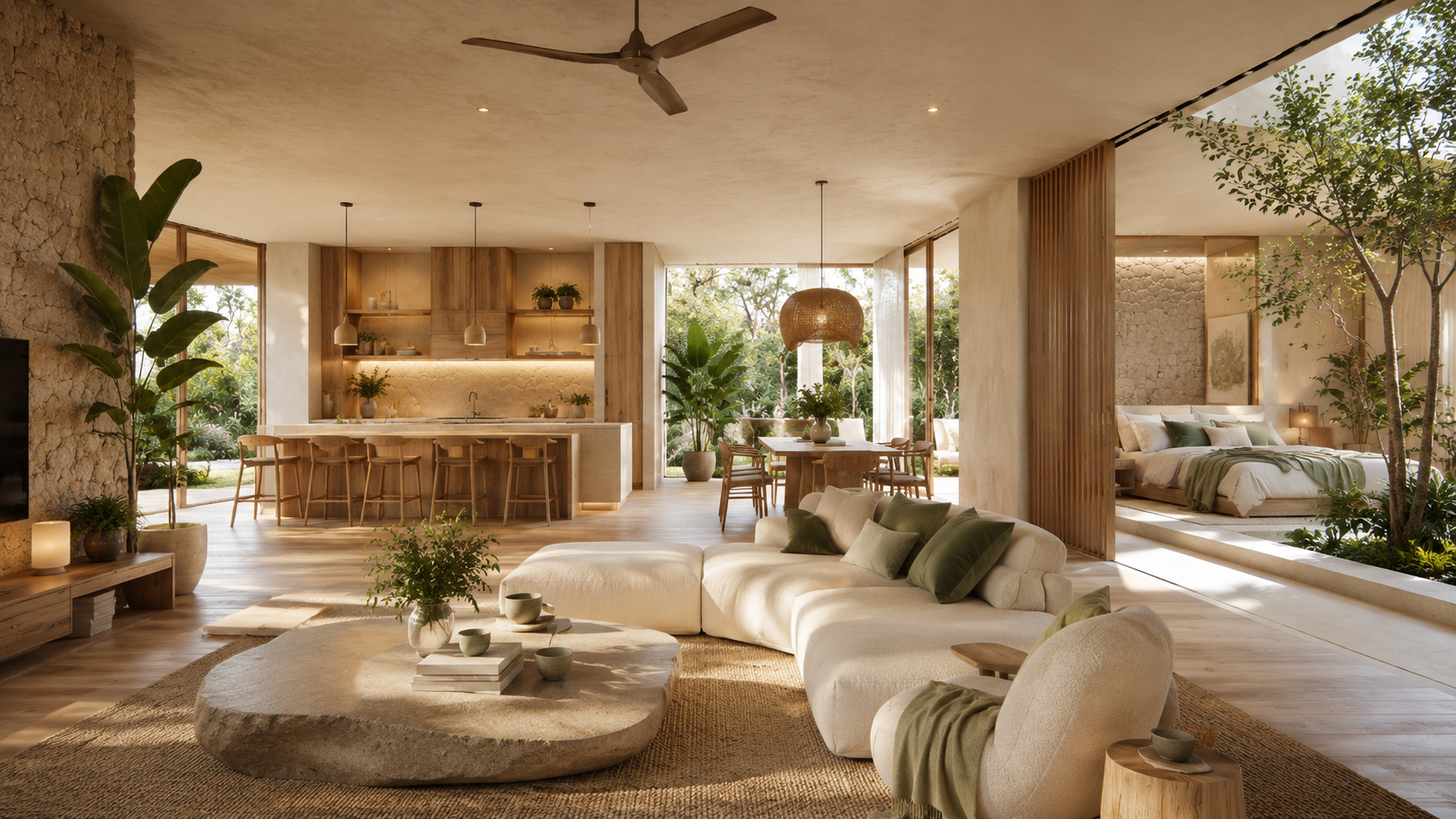 Open-concept living space with a kitchen, dining area, and bedroom, featuring wooden furnishings, large windows, indoor plants, and neutral-toned decor.