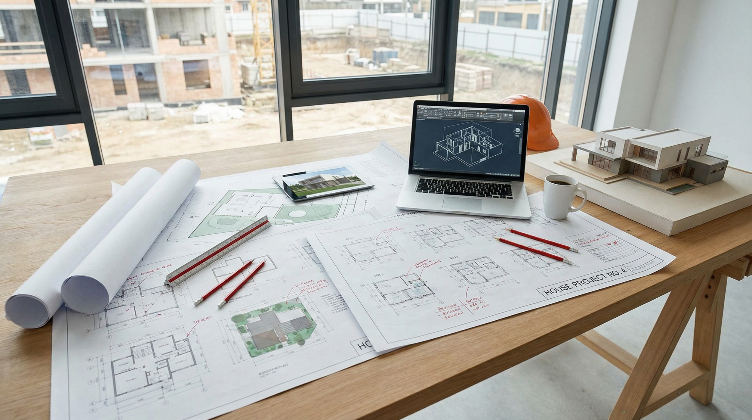 Overhead view of a woman working on a laptop at a white desk, with a planner, a book, a potted plant, and a cup of tea or coffee.