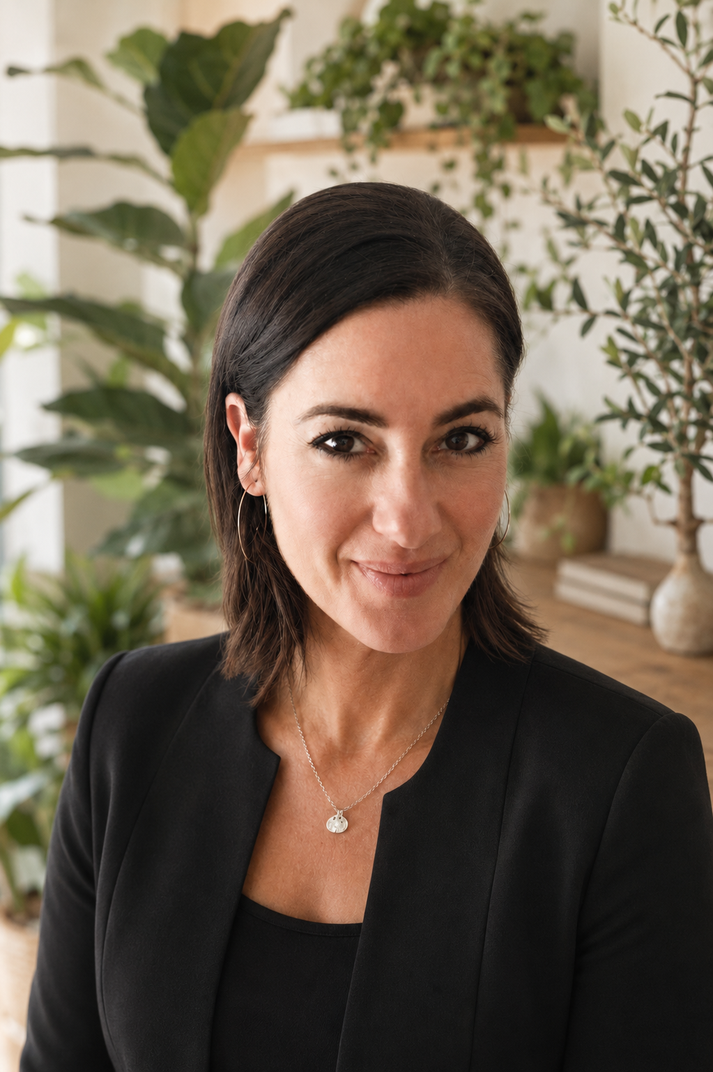 A woman with dark brown hair and hoop earrings, wearing a black blazer and necklace, smiling at the camera in a room with green plants and wooden furniture.
