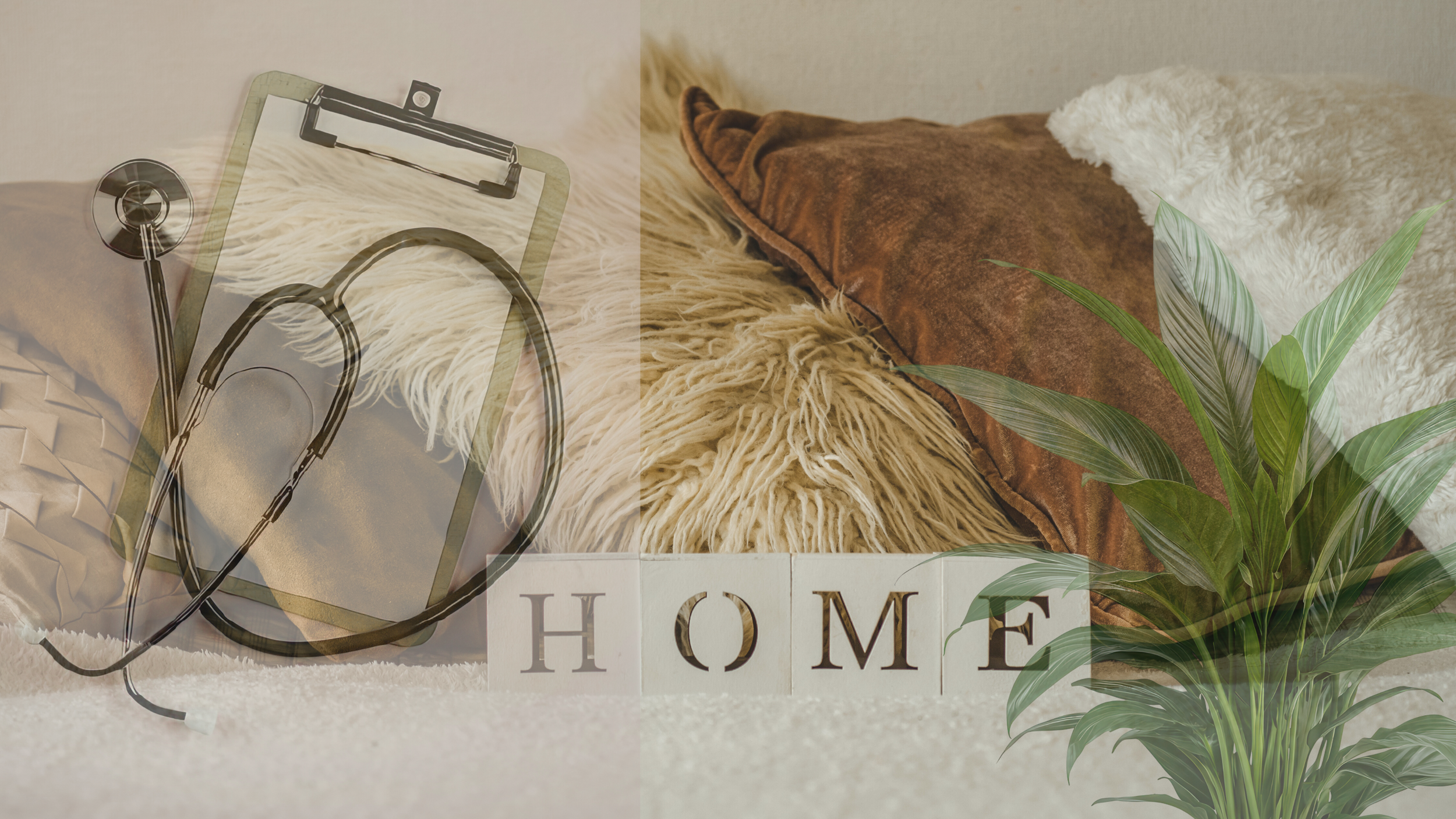 pillows, stethoscope, plants collage