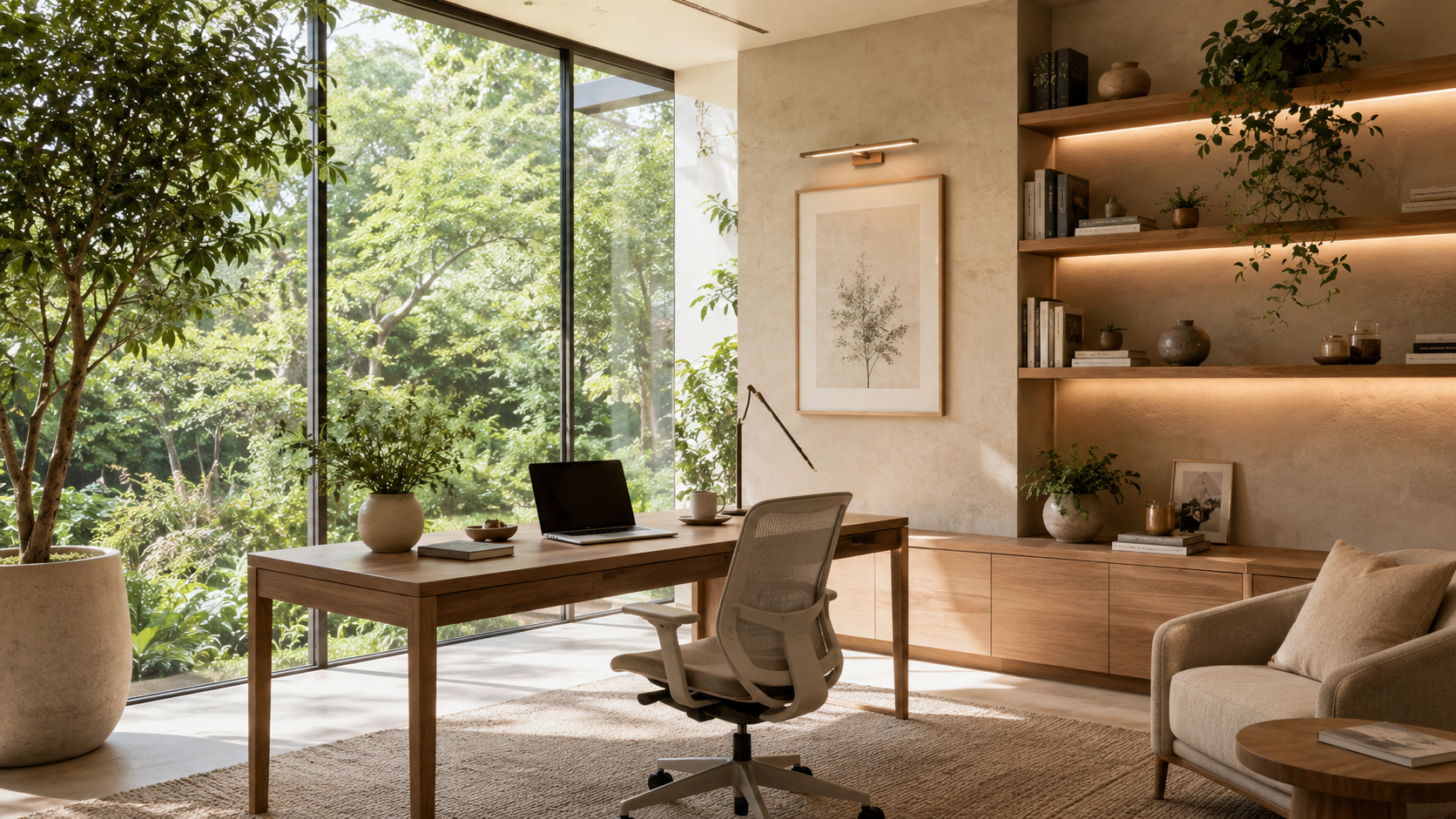A modern home office with large floor-to-ceiling windows overlooking a green garden. The room features a wooden desk with a laptop, a white ergonomic chair, potted plants, a framed botanical print on the wall, built-in wooden shelves with books and decorative items, a beige sofa with a pillow, and a small side table.