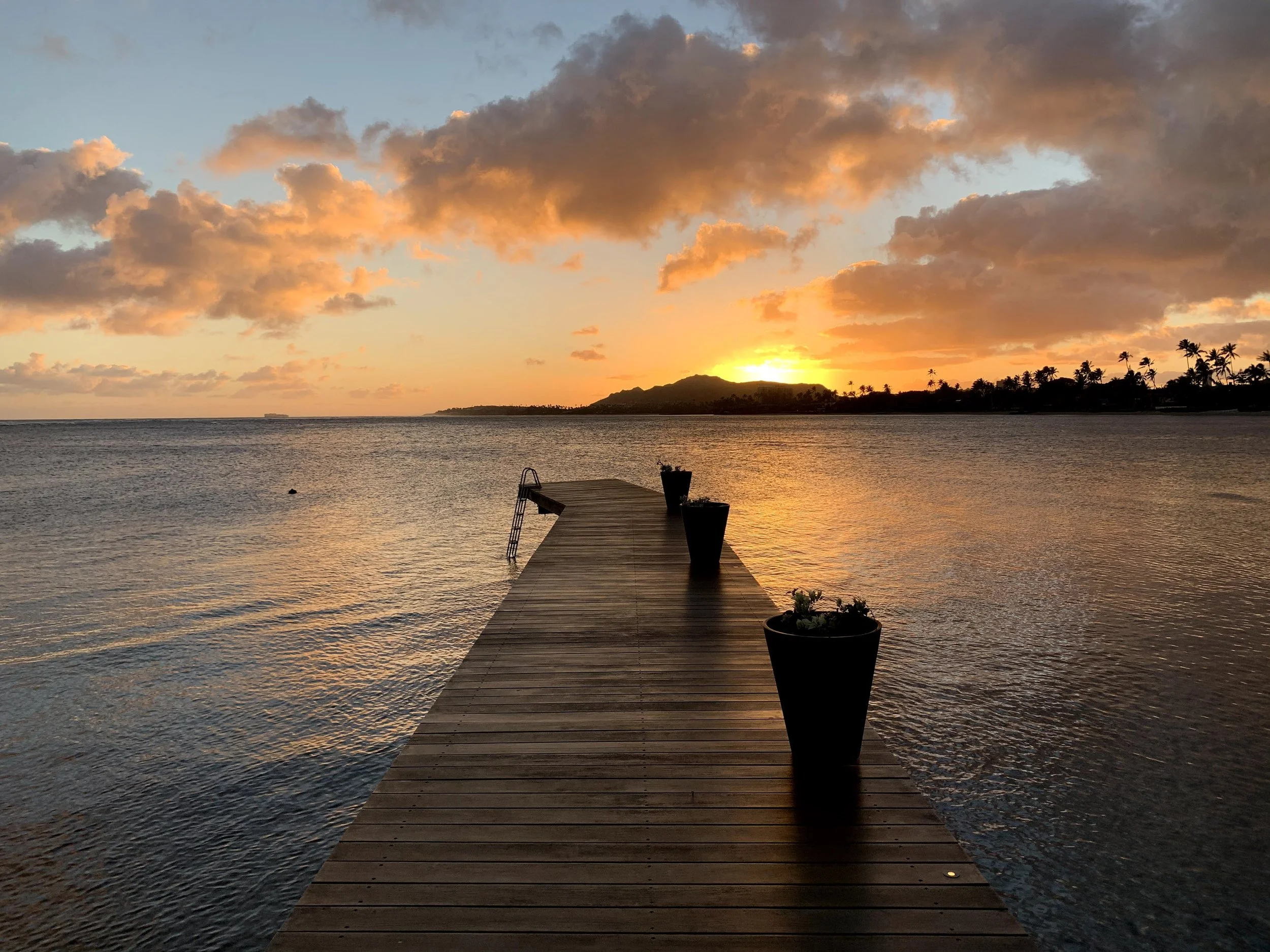 A wooden dock extends into a calm body of water at sunset, with the sky filled with orange and pink clouds and silhouetted palm trees on the horizon.