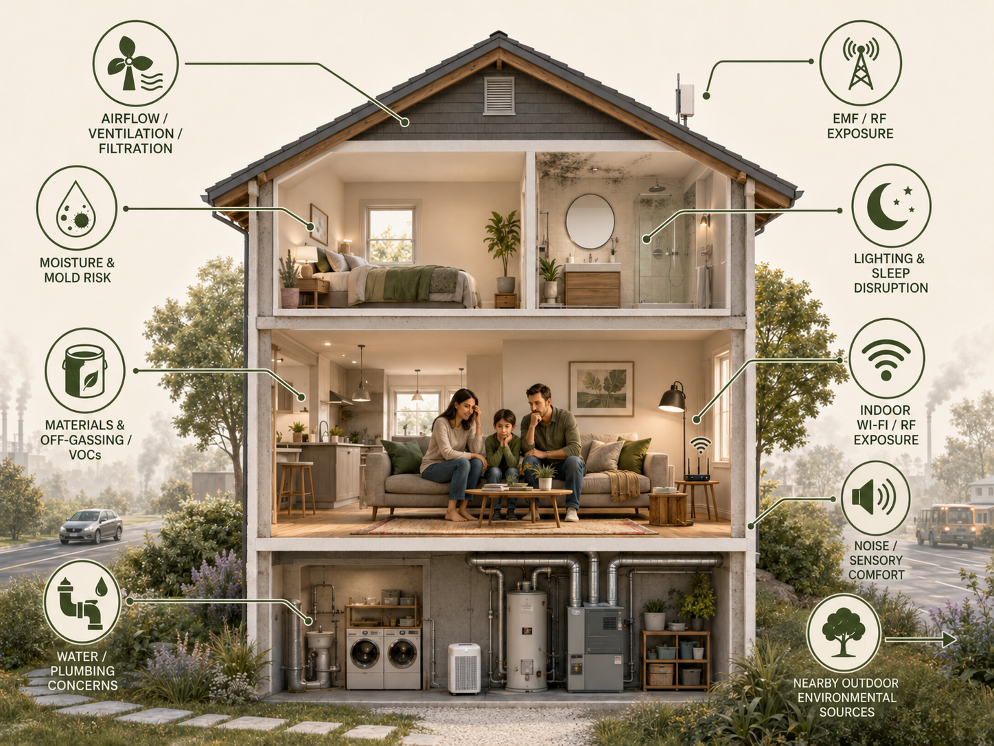House with layers and call outs of different potential exposures