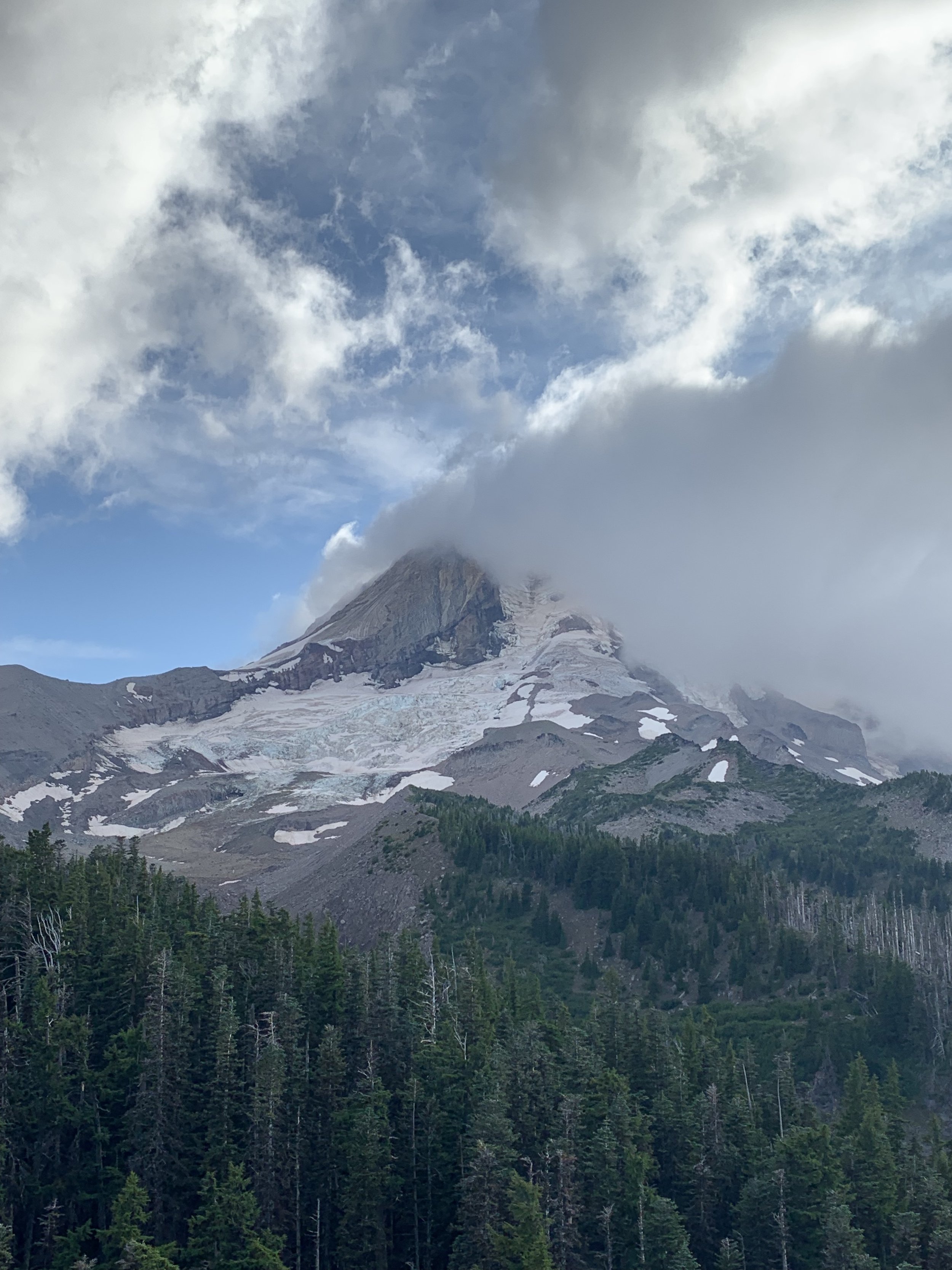 A mountain with snow and ice on its peak, partially covered by clouds, with a forest of green trees at the base.