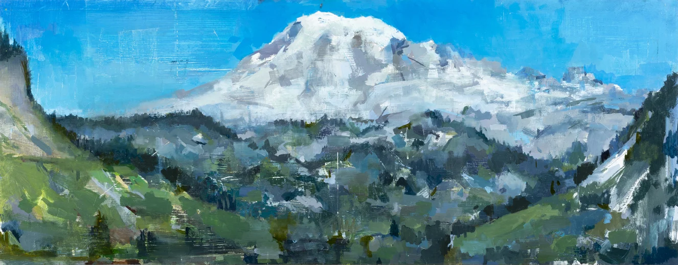 “ Tahoma Comission ”, (“Rainier” from the East), oil on panel, 14x40 inches, 2019