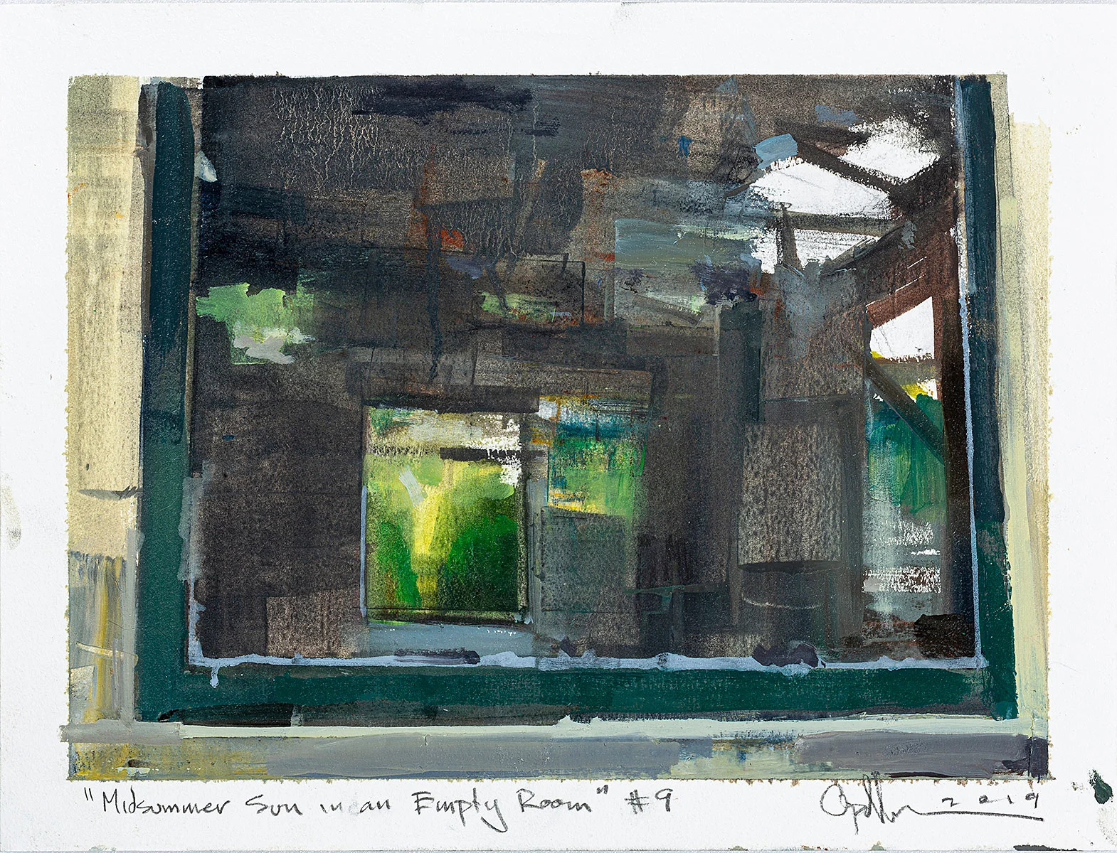 “Midsummer Sun in an Empty Room”, 12”x16”, oil on Arches Huile, 2019, available