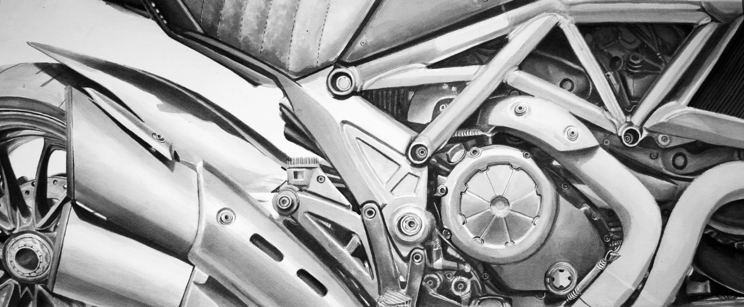 Ducati Diavel painting for Ducati Beverly Hills dealership, ink on watercolor paper, 26x11''