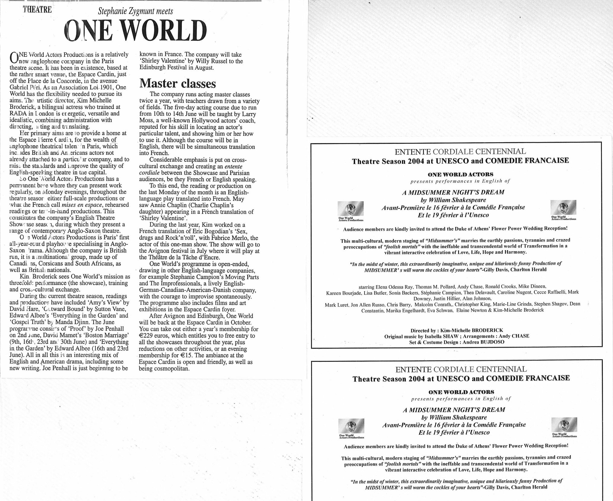 One World Actors productions article , leaflet UNESCO and Comédie Française Paris Kim Michelle's creation A MIDSUMMER NIGHT'S DREAM by W.Shakespeare.jpg