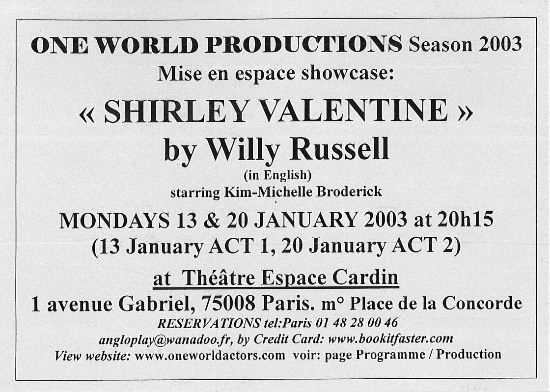 OWAP leaflet SHIRLEY VALENTINE in English performed by Kim Michelle BRODERICK Espace Cardin .jpg