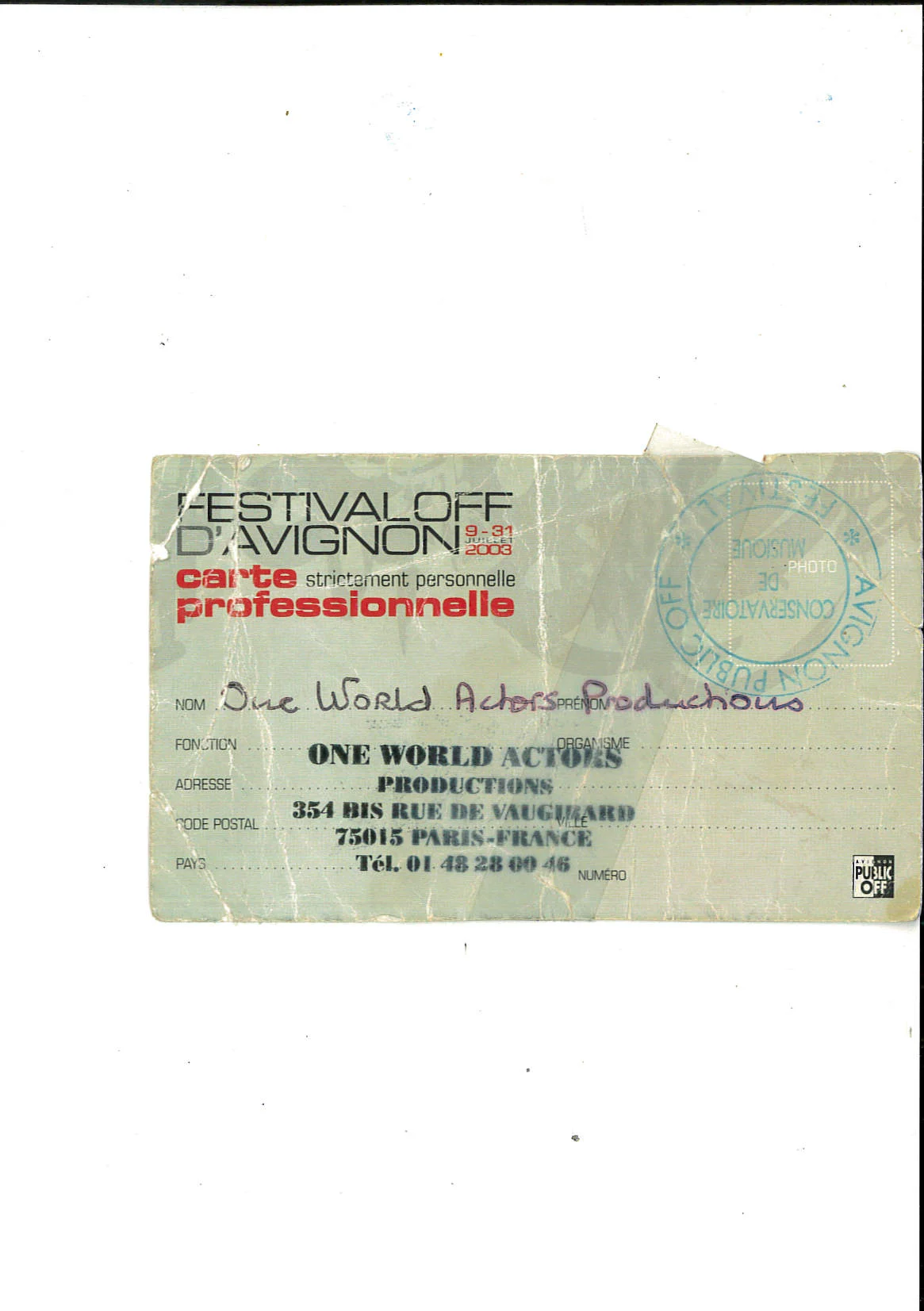 OWAP AVIGNON THEATRE FESTIVAL PRO ID CARD .jpg