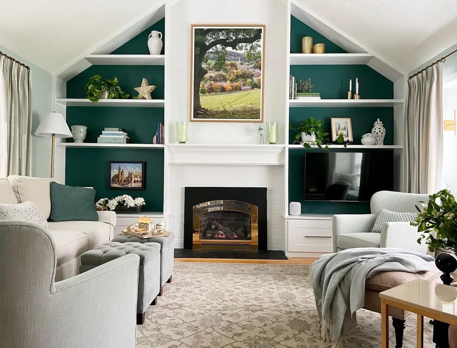 vaulted family room with built-ins