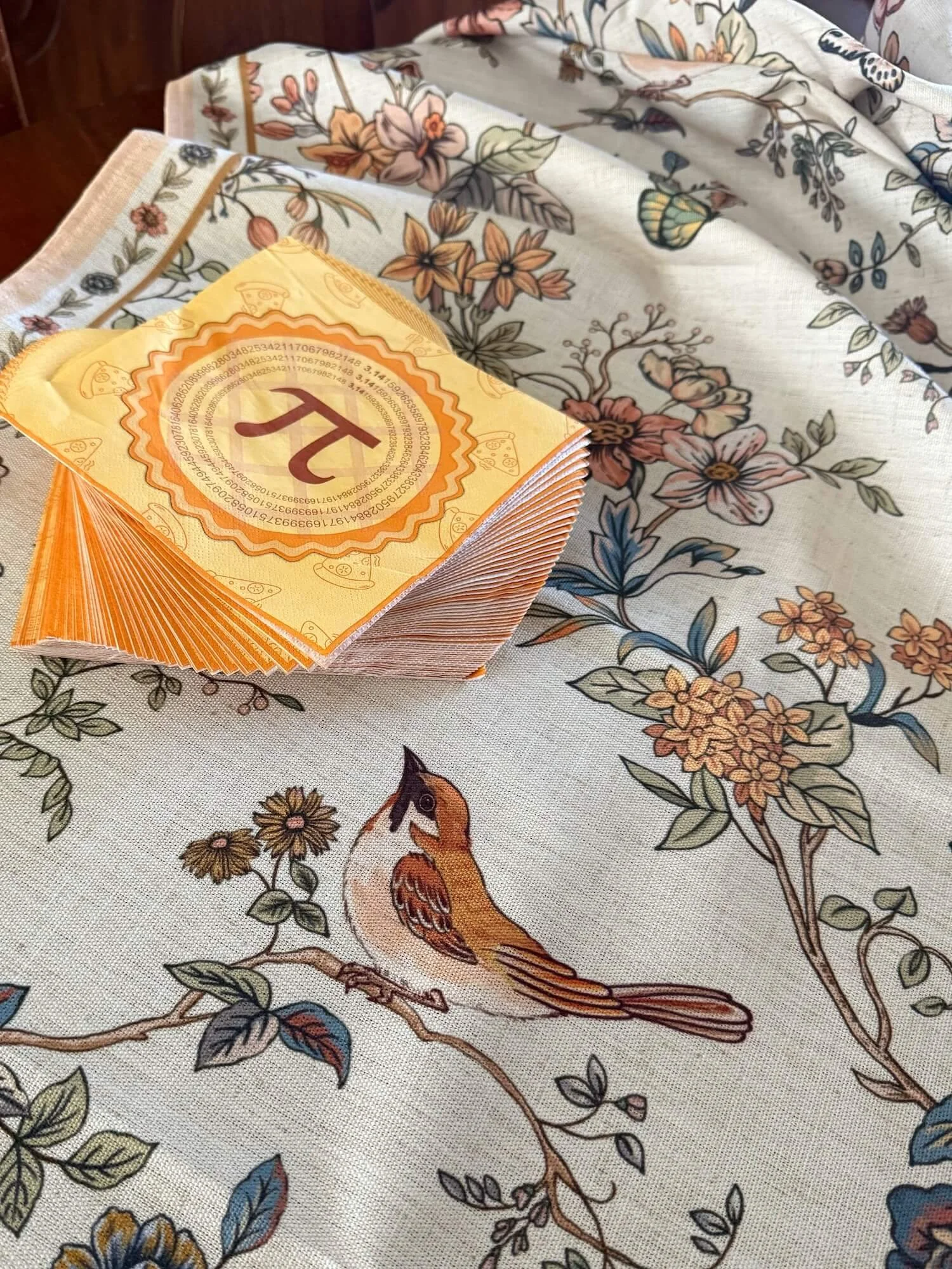 spring tablecloth and pi day napkins