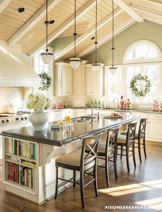 Classic X back counter stools in this elegant Kitchen by Gary Mertins via At Home in Arkansas