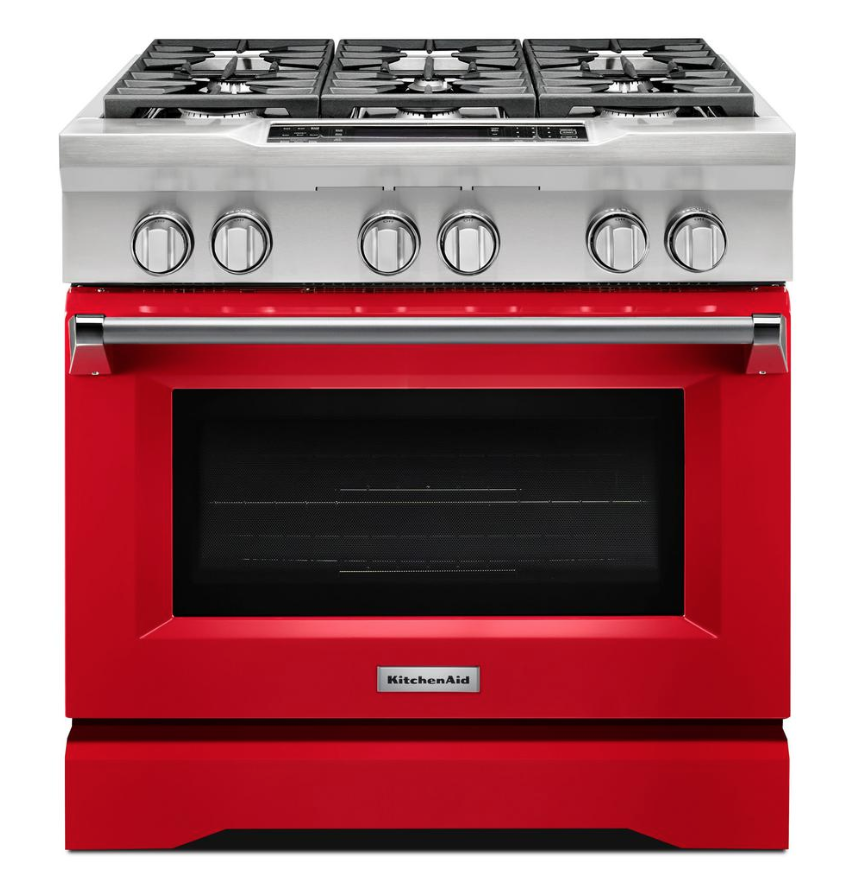 dual fuel kitchen aid range in cherry red