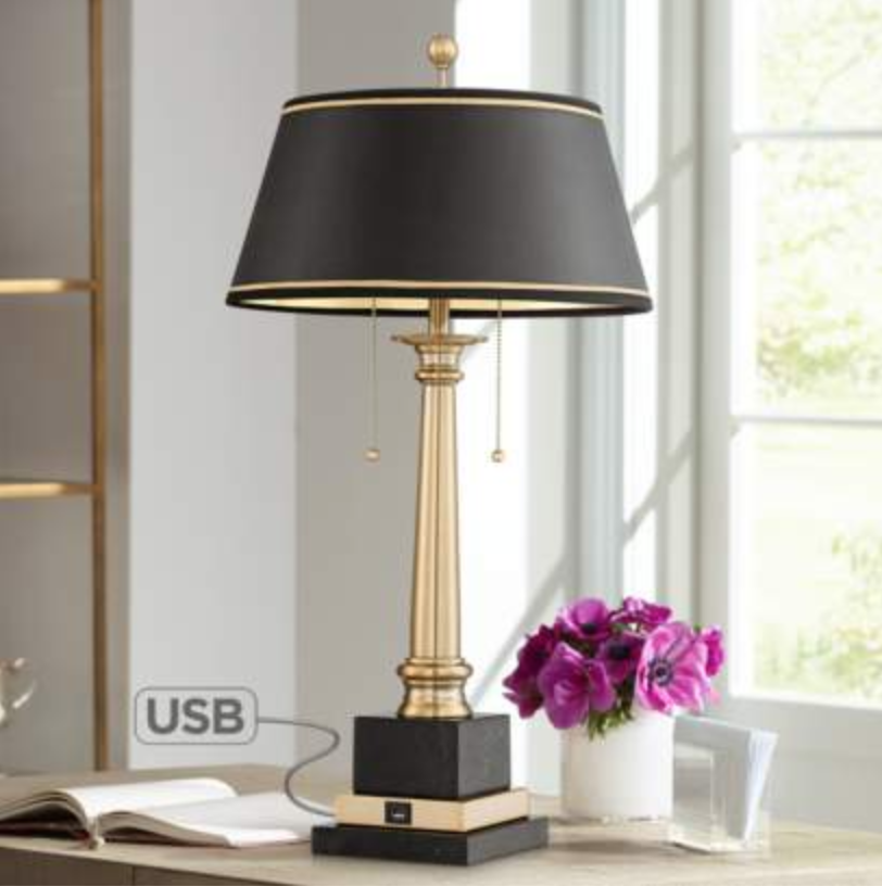 Brass and black classic lamp with USB and outlet