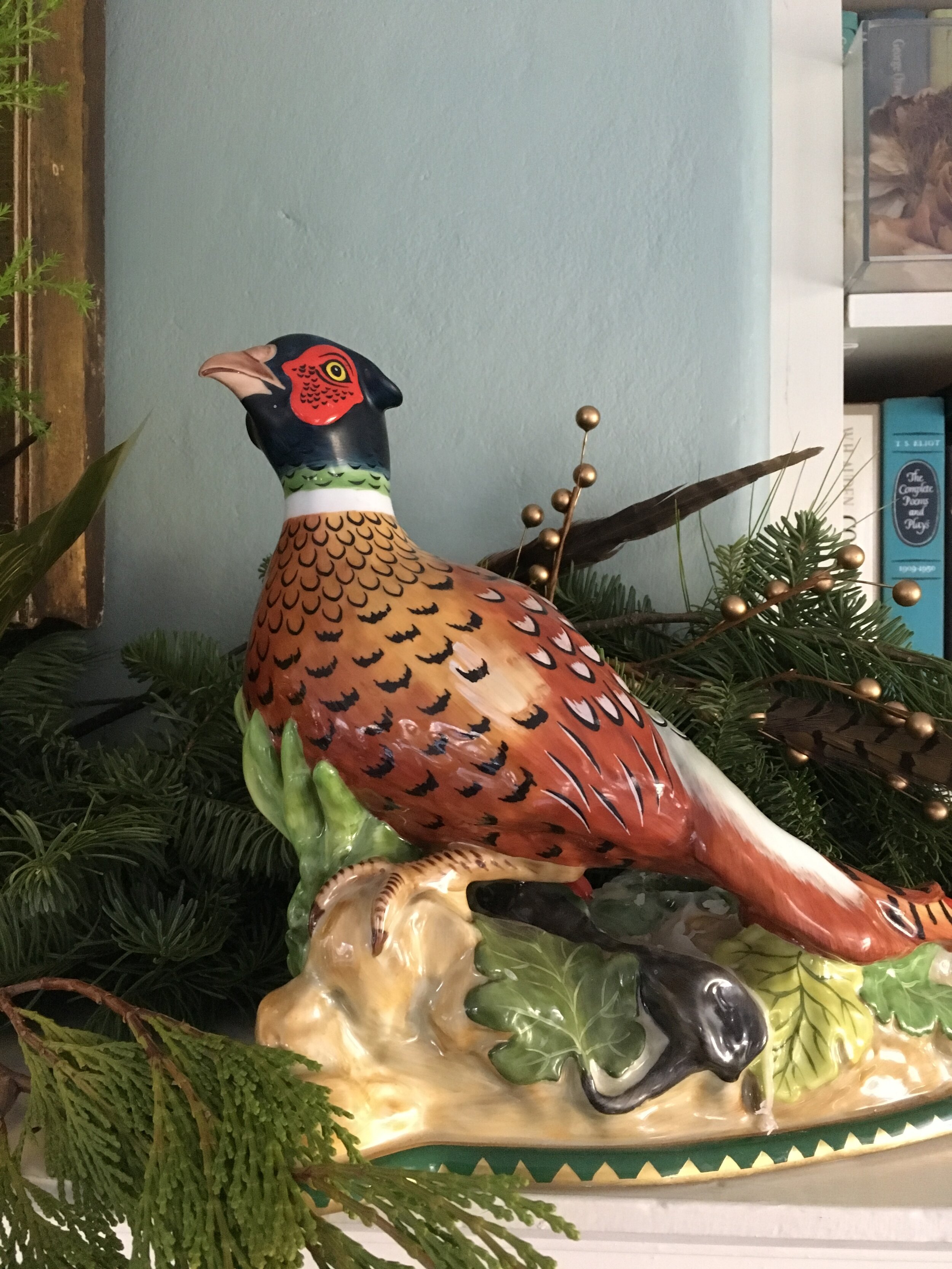 porcelain pheasants watch over the mantel.JPG