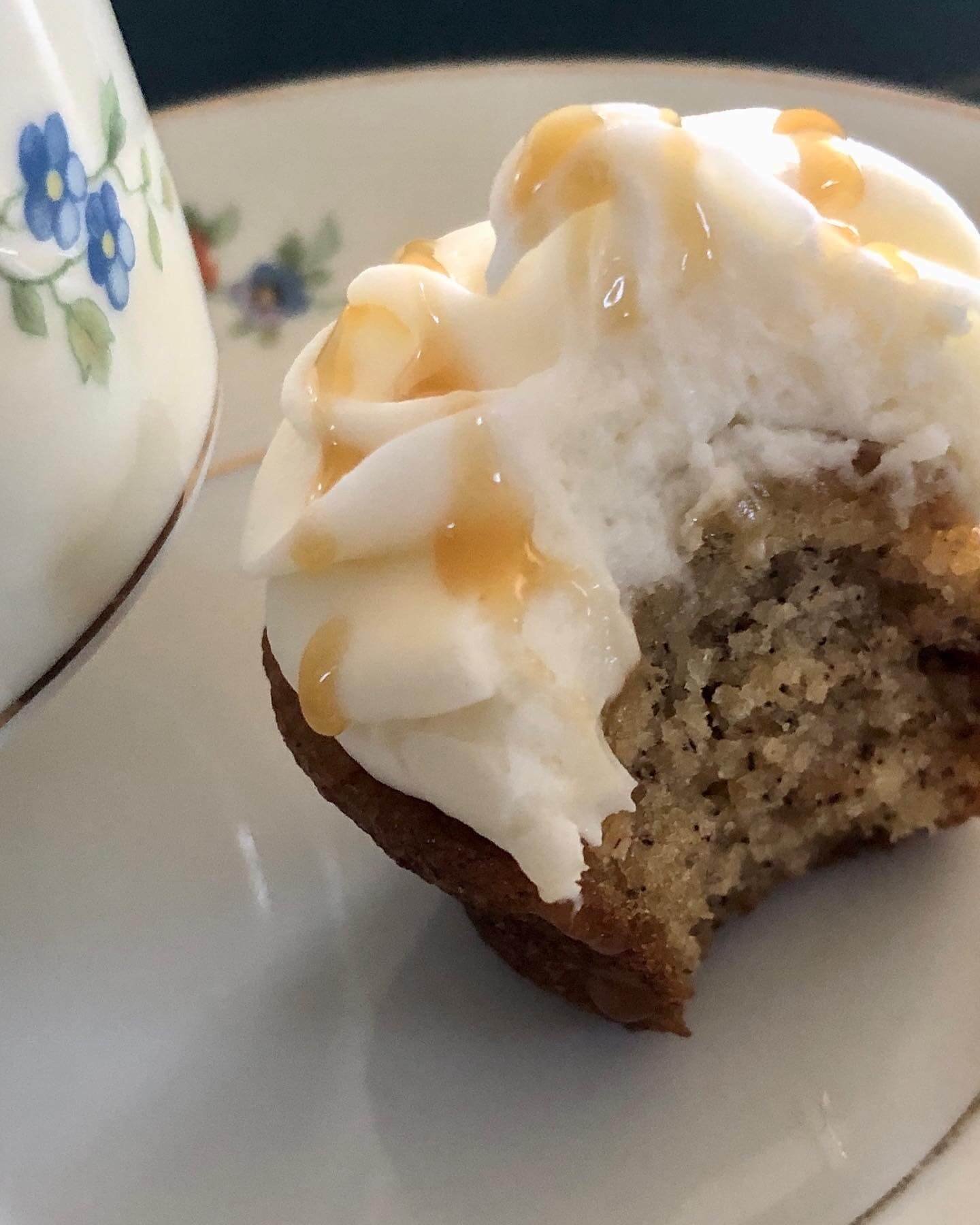 tasty treat, mini banana cupcake with cream cheese frosting and caramel