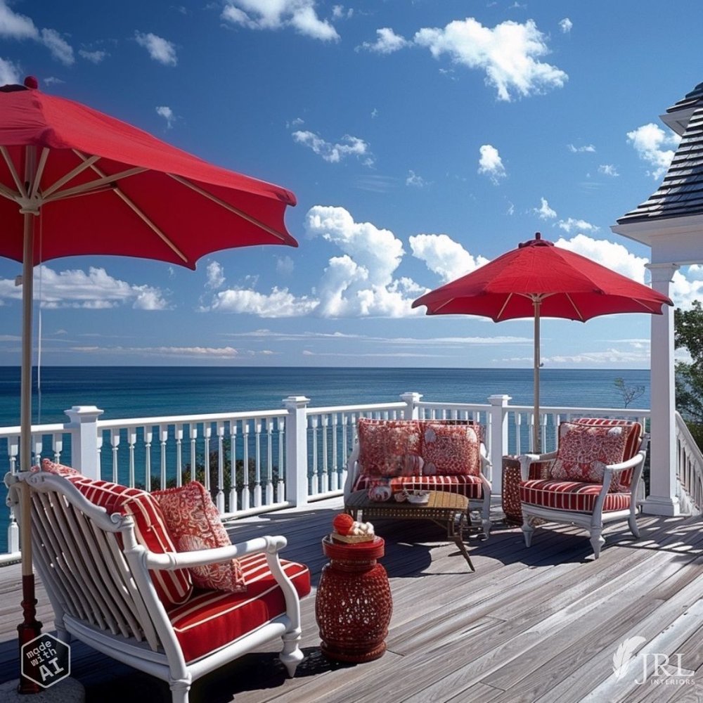 deck with red umbrellas and red striped chair cushions