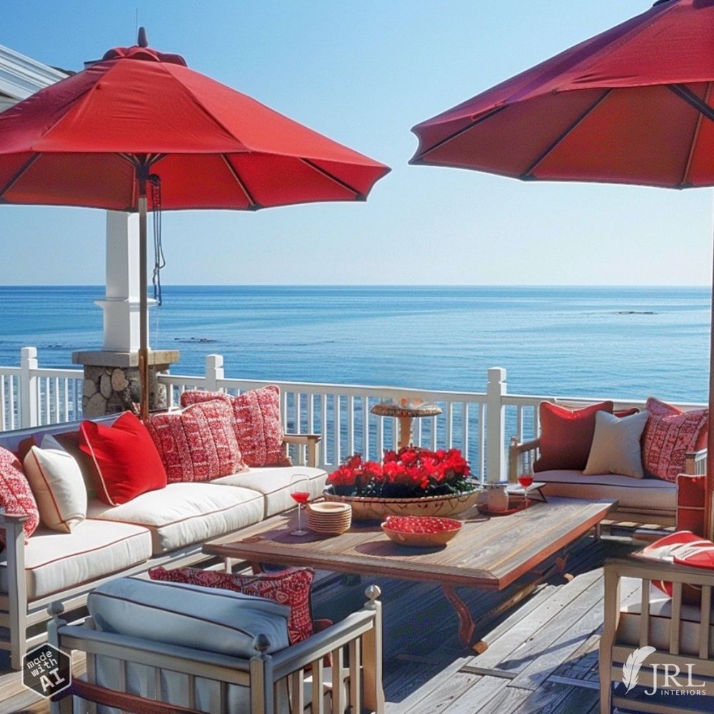 beachside porch with red umbrellas and pillows