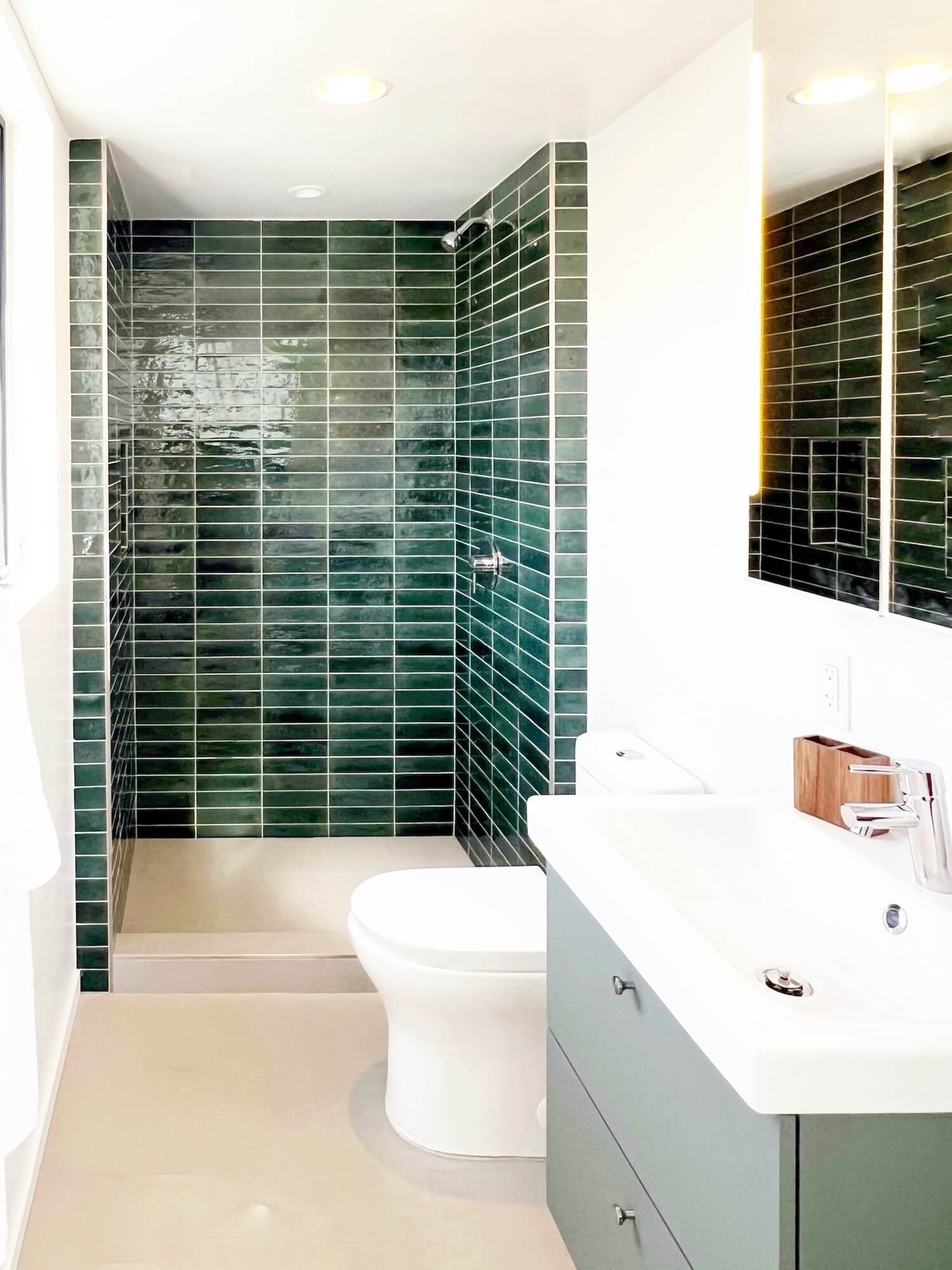 stacked subway tile in a tiny home bath