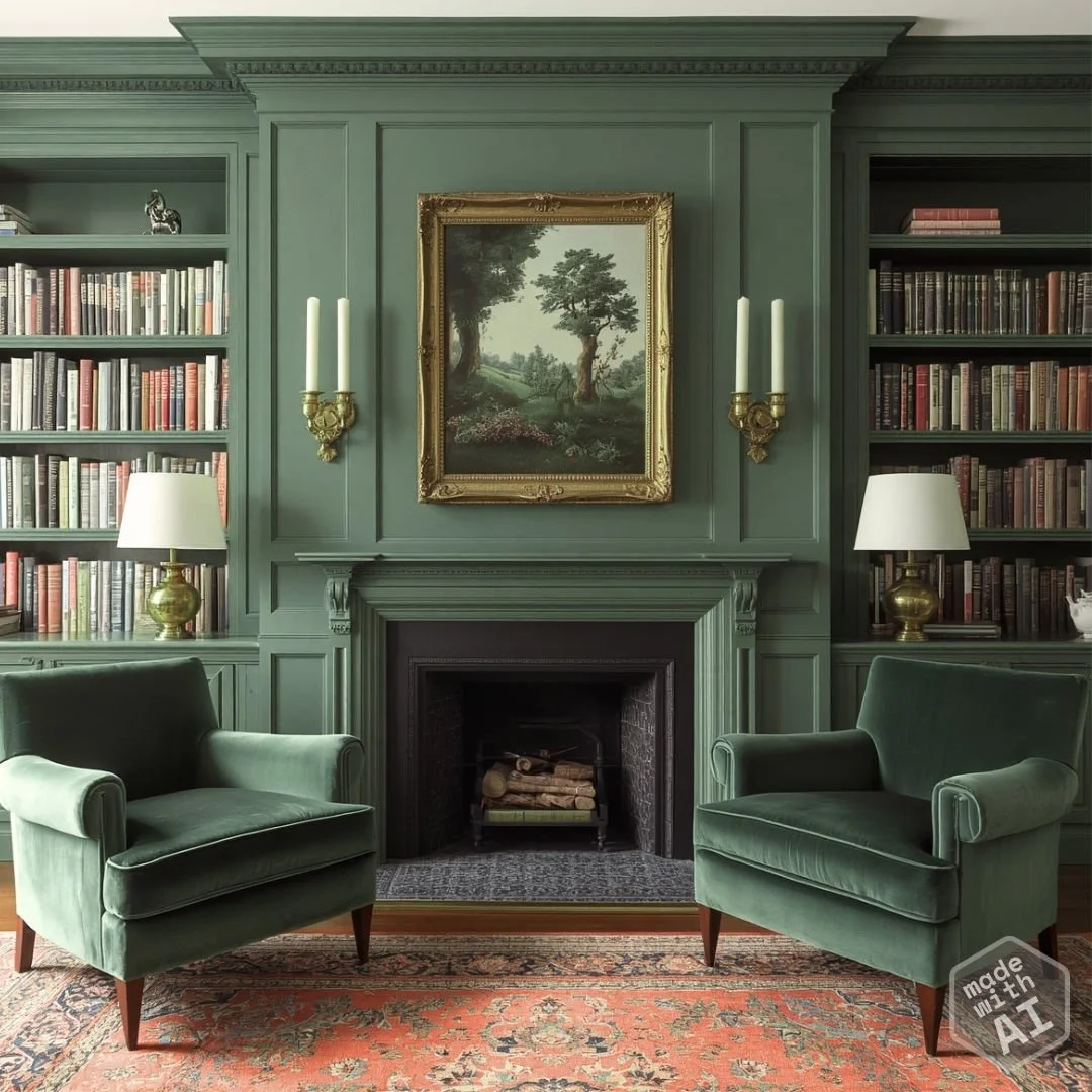 ai imagined library with millwork in Benjamin Moore Webster Green