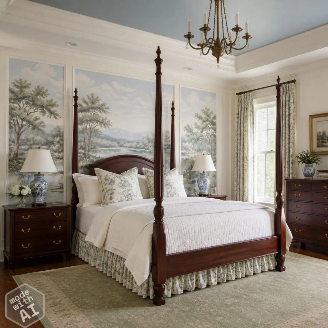 AI generated bedroom with scenic mural panels