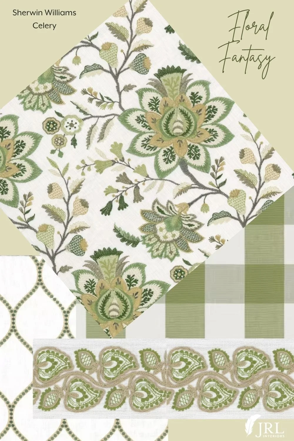 Sherwin Williams Celery paint paired with fabrics and trim